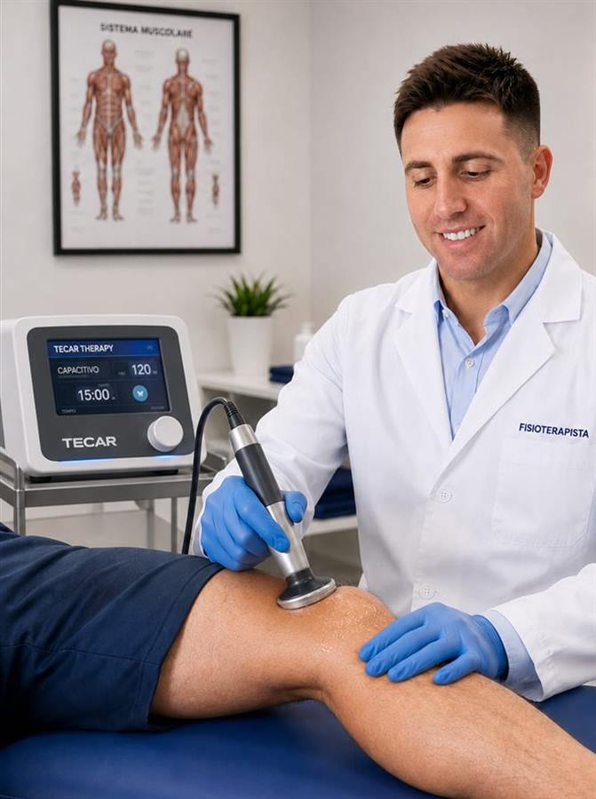 Fisioterapista esegue una seduta di tecarterapia sul ginocchio
